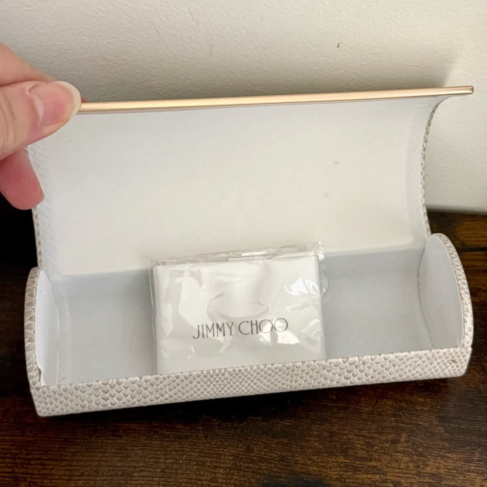 Authentic Jimmy Choo Cream Snake Magnetic Eyeglass Case New Cloth Gold Trim